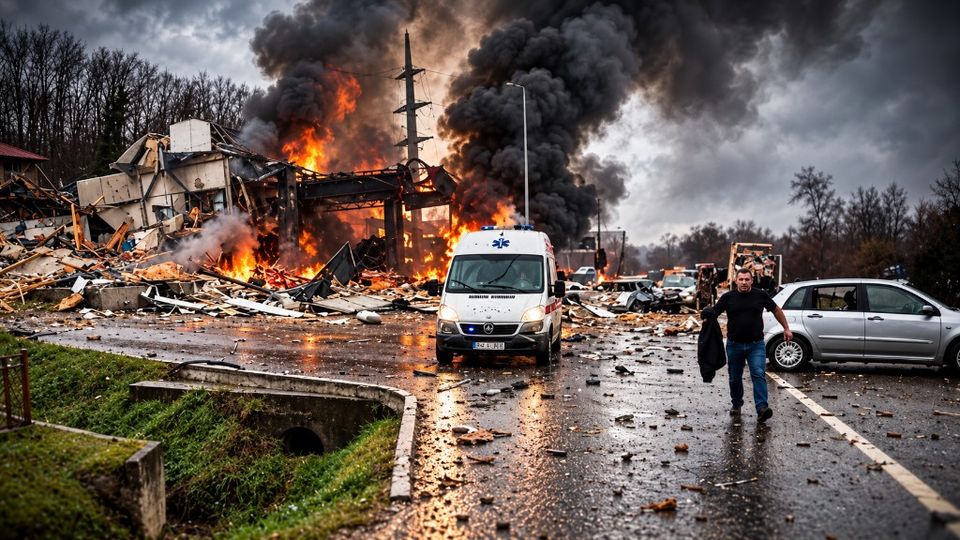Hitna pomoć ispred zapaljene ruševine, čovjek hoda po mokrom putu