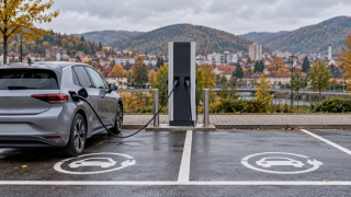 AI ilustracija generičke javne punionice s dva priključka i električnim automobilom u bosanskom gradu