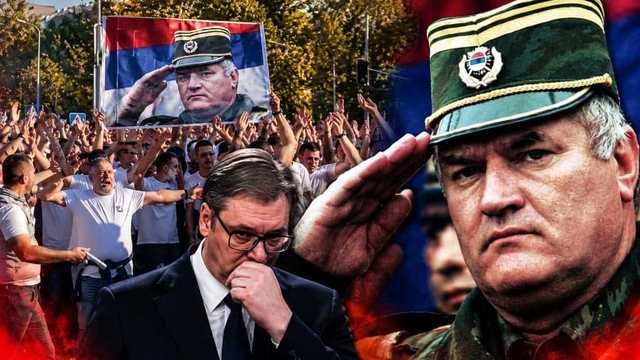 Kolaž. Vučić u odijelu, iza njega masa s podignutim rukama i transparentom na kojem čovjek u vojnoj kapi salutira. Desno krupni kadar čovjeka u zelenoj vojnoj kapi koji salutira.