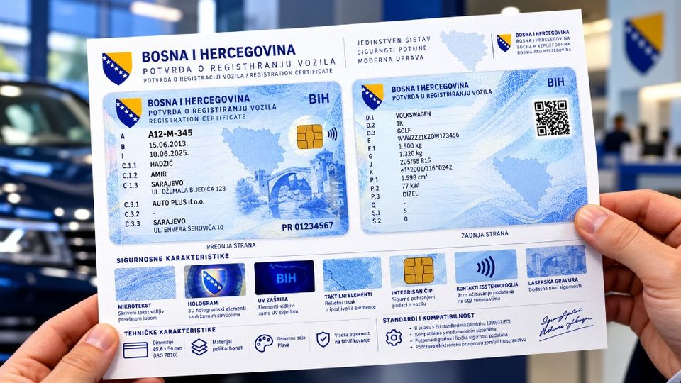Ruke drže plavu plastičnu potvrdu o registriranju vozila Bosne i Hercegovine, s čipom i QR kodom
