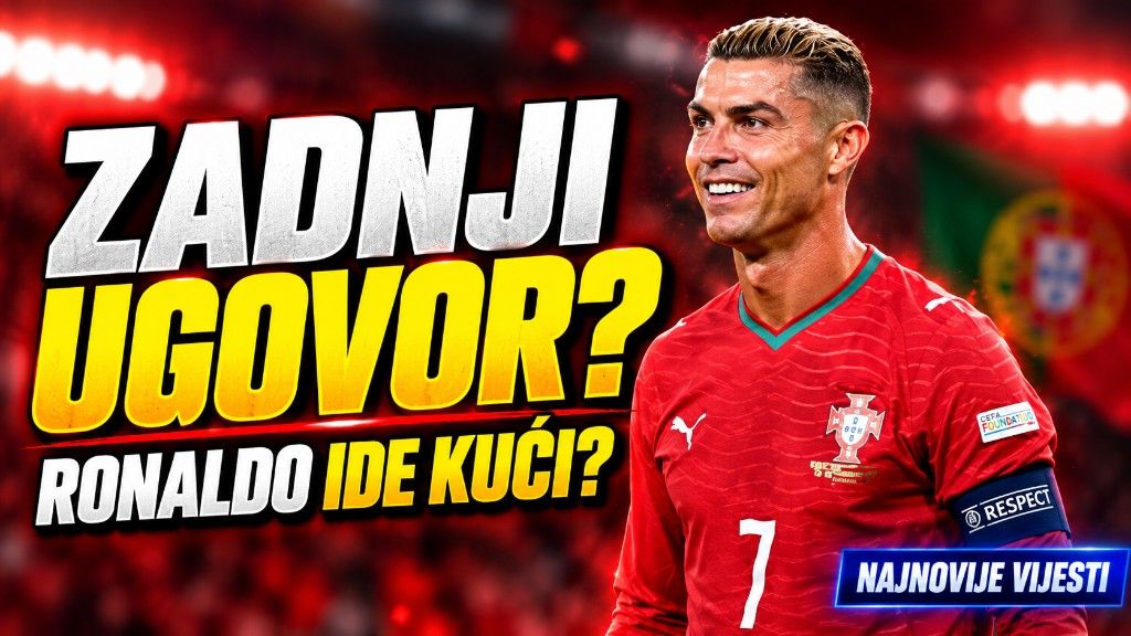 Cristiano Ronaldo u crvenom dresu Portugala, broj 7, smiješi se. Na grafici piše Zadnji ugovor? i Ronaldo ide kući?