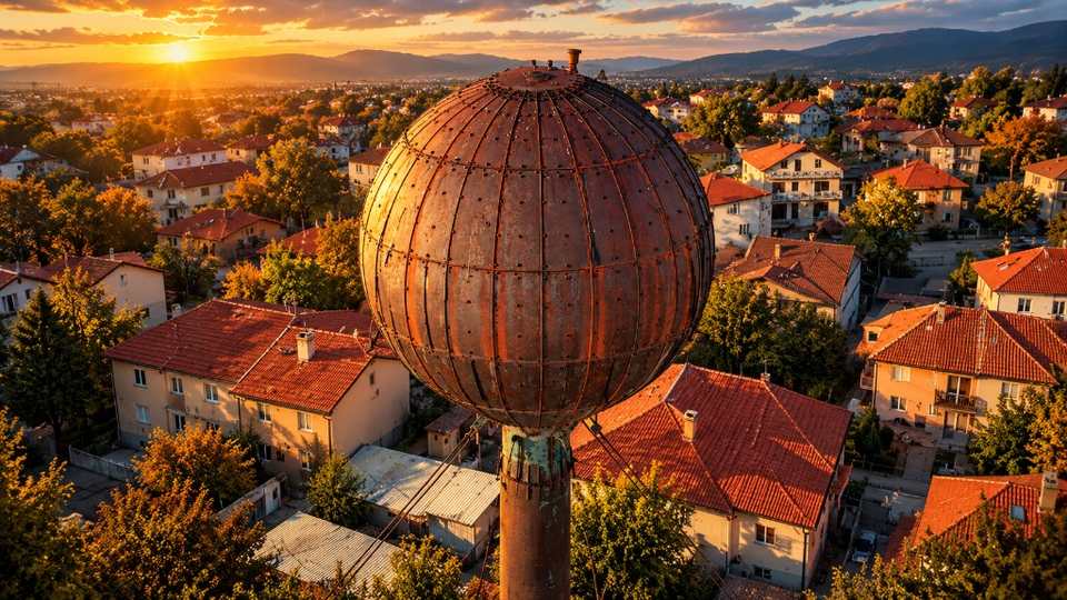 Kuglasti metalni vodotoranj iznad kuća s crvenim krovovima, pri zalasku sunca, brda u pozadini.