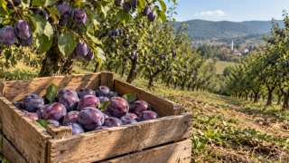 AI ilustracija drvene gajbe šljiva u generičkom bosanskom voćnjaku