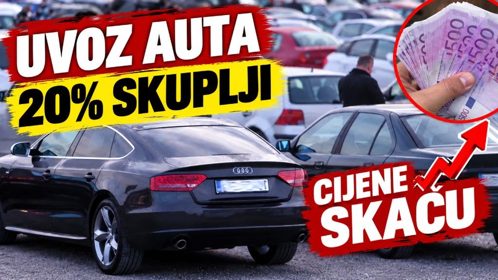 Crni Audi na parkingu, preko slike piše da je uvoz auta 20 posto skuplji i da cijene skaču