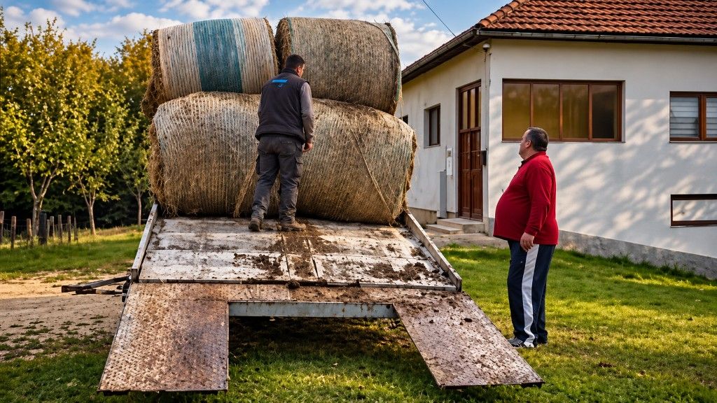 Prikolica natovarena balama sijena. Jedan čovjek stoji na njoj leđima, drugi u crvenoj majici stoji na travi i gleda prema njemu.