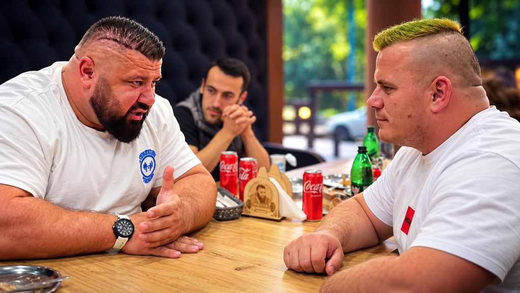 Dva mišićava muškarca u bijelim majicama sjede jedan naspram drugog za stolom, treći ih sluša