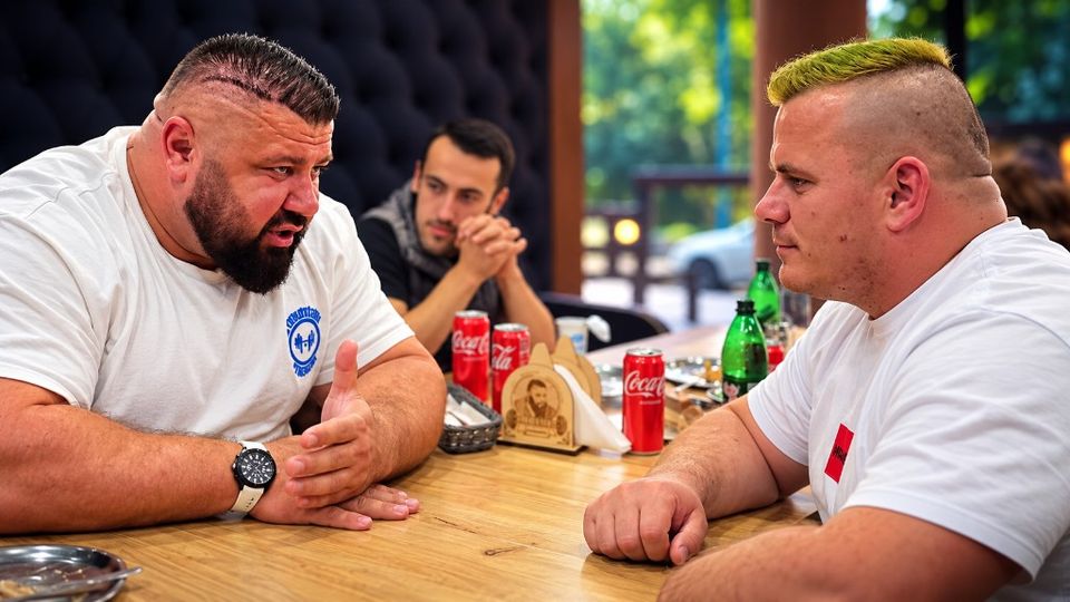 Dva mišićava muškarca u bijelim majicama sjede jedan naspram drugog za stolom, treći ih sluša