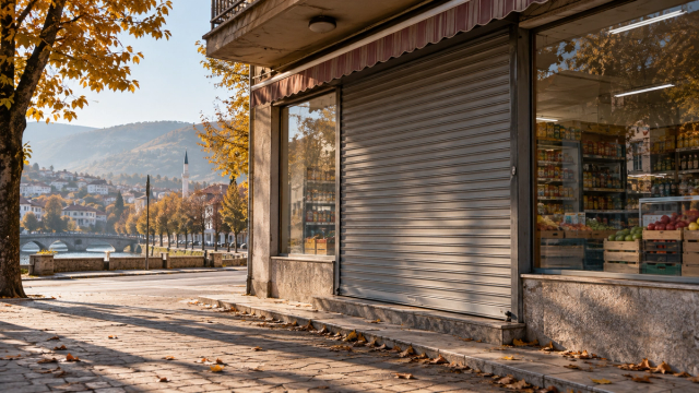 AI ilustracija zatvorene komšijske prodavnice u bosanskom gradu