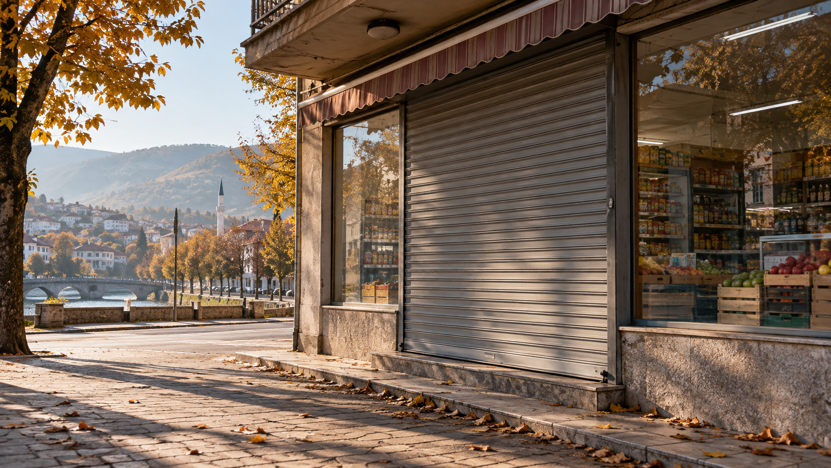 AI ilustracija zatvorene komšijske prodavnice u bosanskom gradu