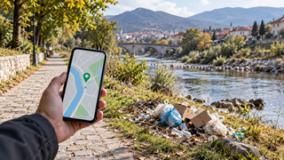 AI ilustracija telefona s generičkom mapom uz simboličan prikaz odbačenog otpada kraj šetnice