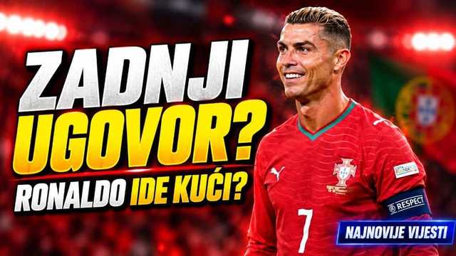 Cristiano Ronaldo u crvenom dresu Portugala, broj 7, smiješi se. Na grafici piše Zadnji ugovor? i Ronaldo ide kući?