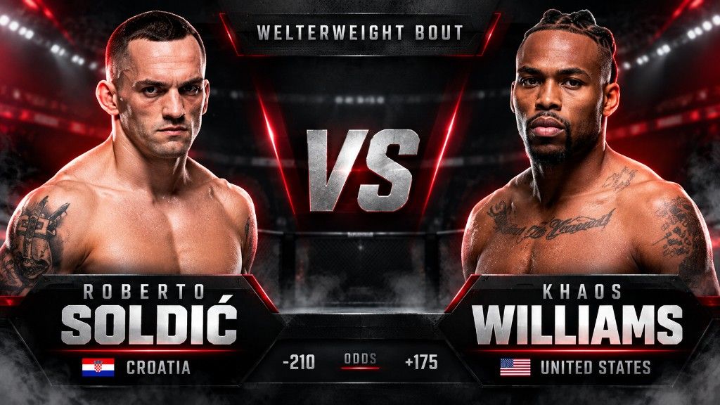 Promotivni poster za welter meč. Lijevo Roberto Soldić, na grafici zastava Hrvatske. Desno Khaos Williams, na grafici zastava SAD. U sredini VS.