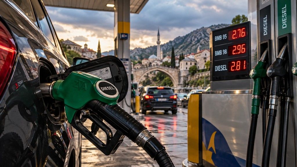 Dizel pištolj u rezervoaru auta na pumpi, u pozadini Stari most