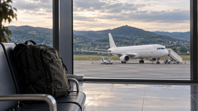 AI ilustracija ruksaka u generičkom regionalnom terminalu s putničkim avionom iza stakla