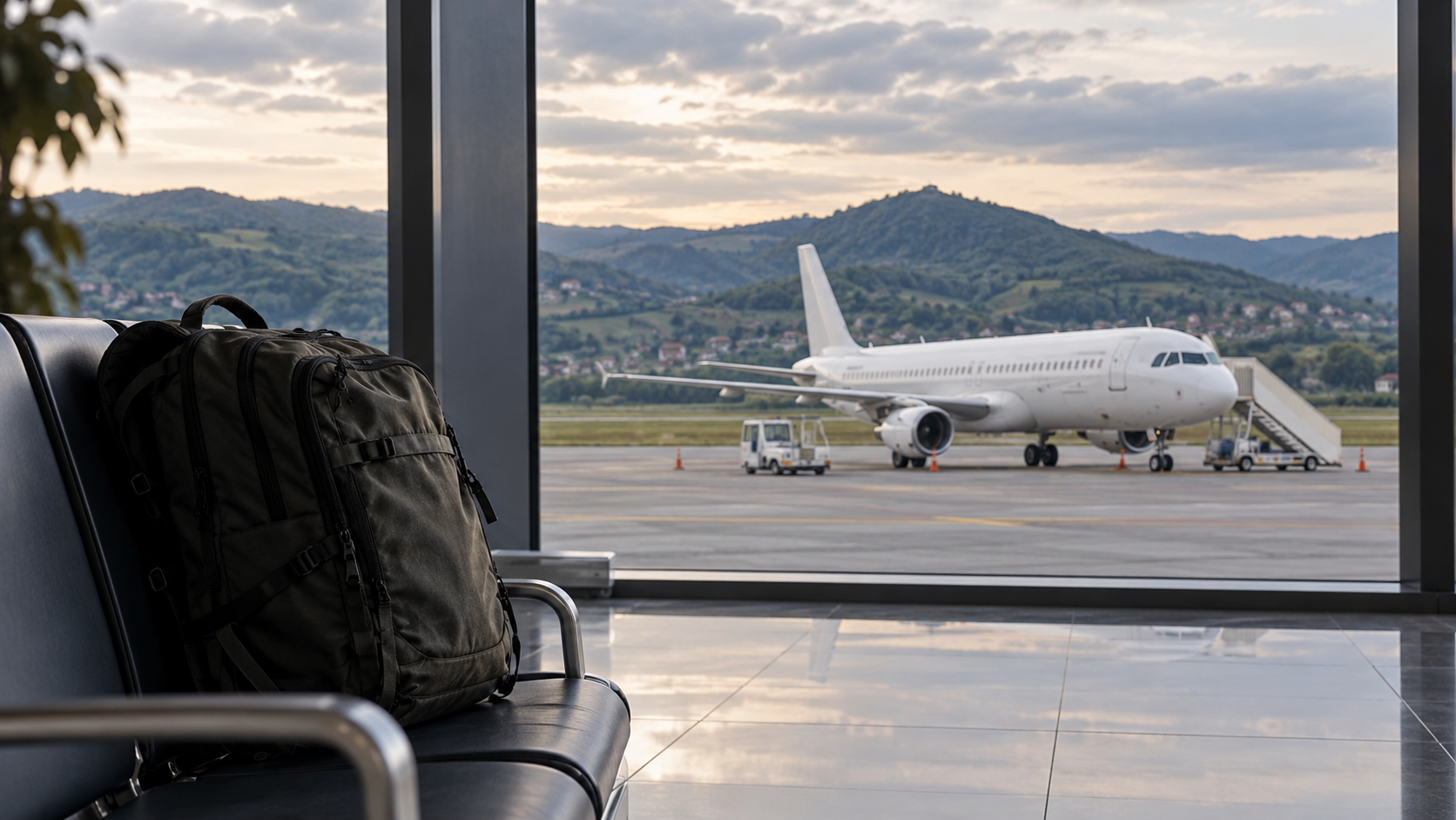 AI ilustracija ruksaka u generičkom regionalnom terminalu s putničkim avionom iza stakla