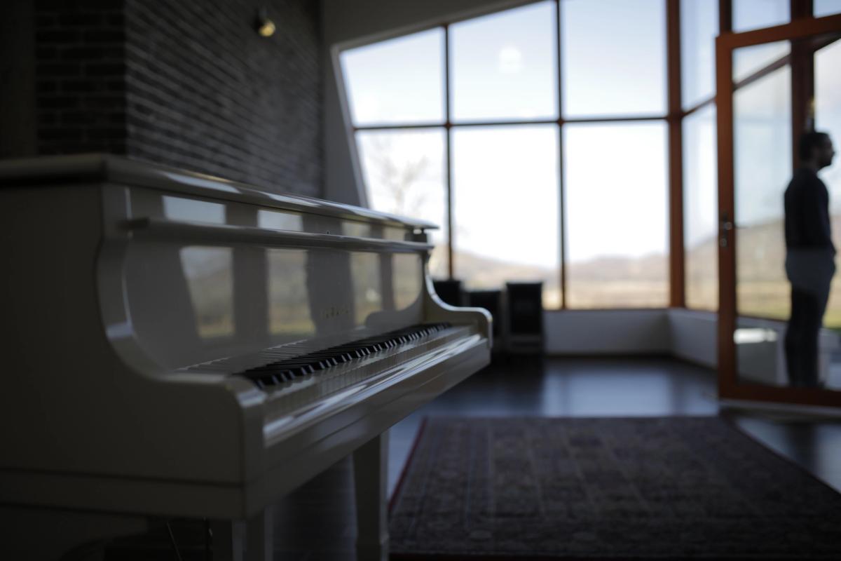 side view of a grand piano with a reflection of the outside view