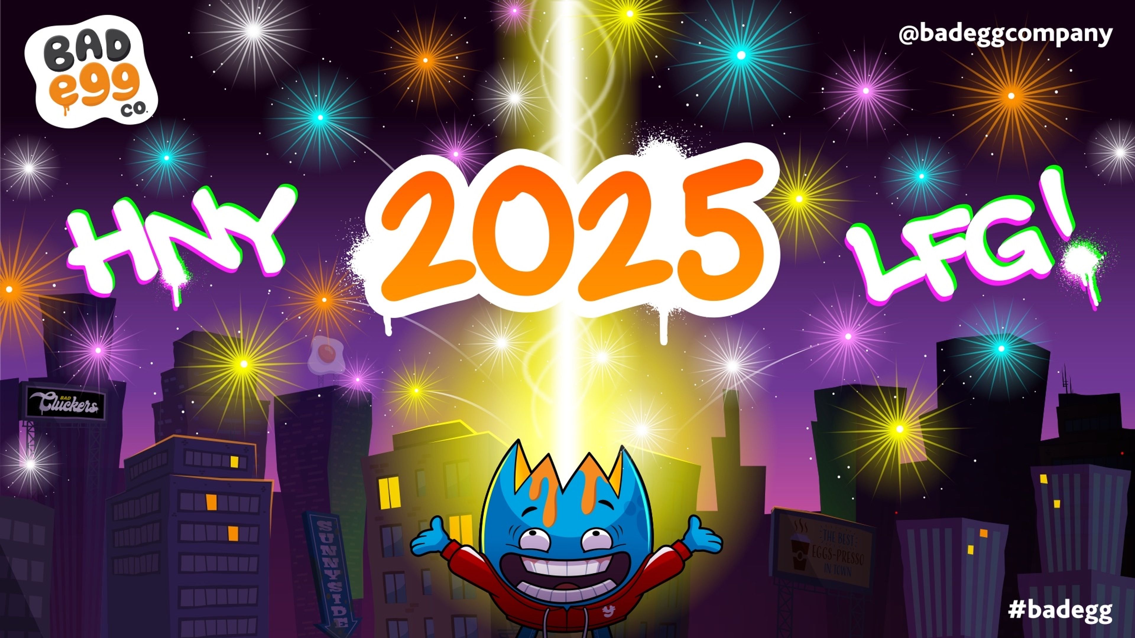 a cartoon character is standing in front of a city skyline with fireworks .