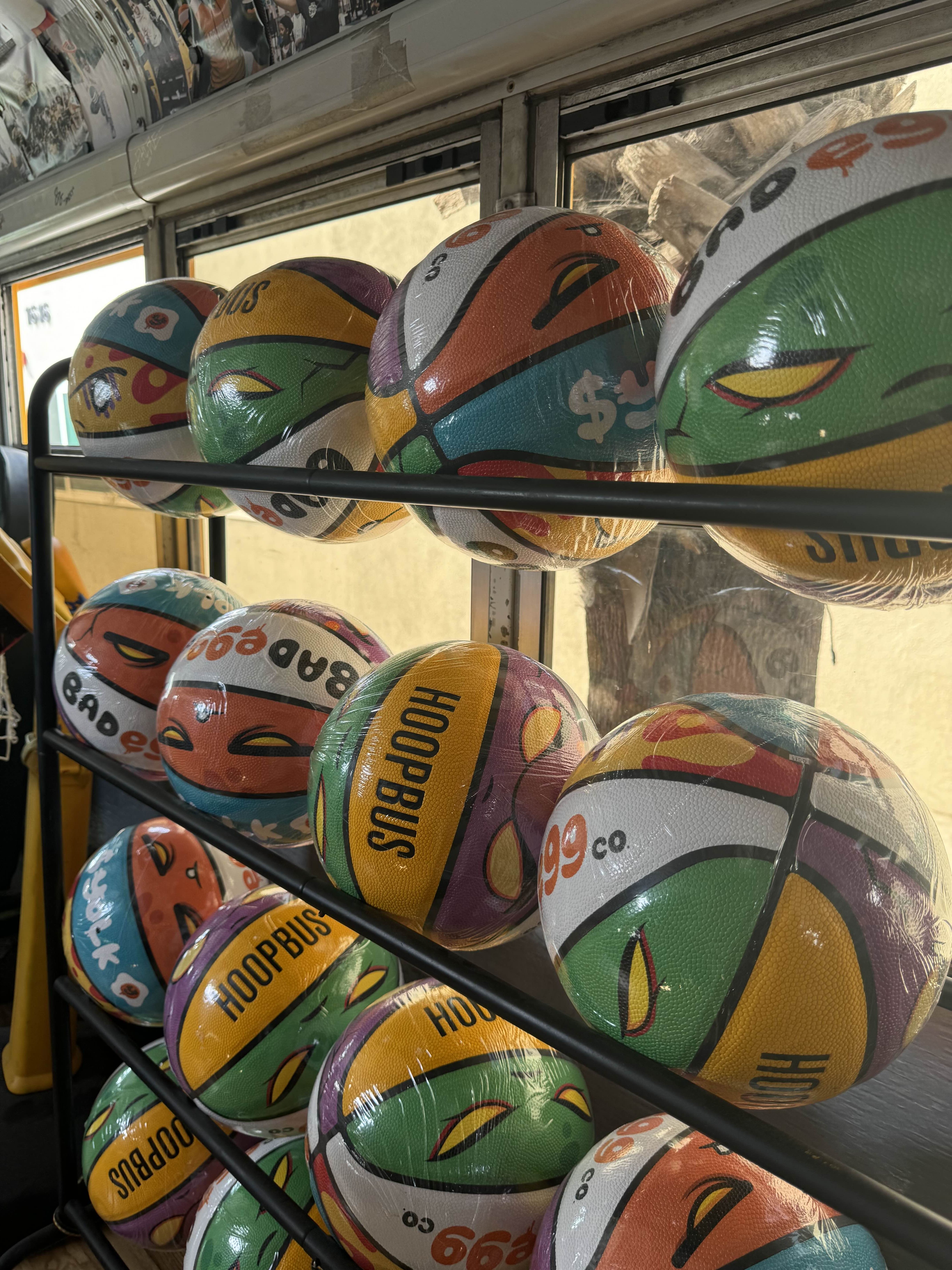 Basketballs at LA event with egg crew having fun.