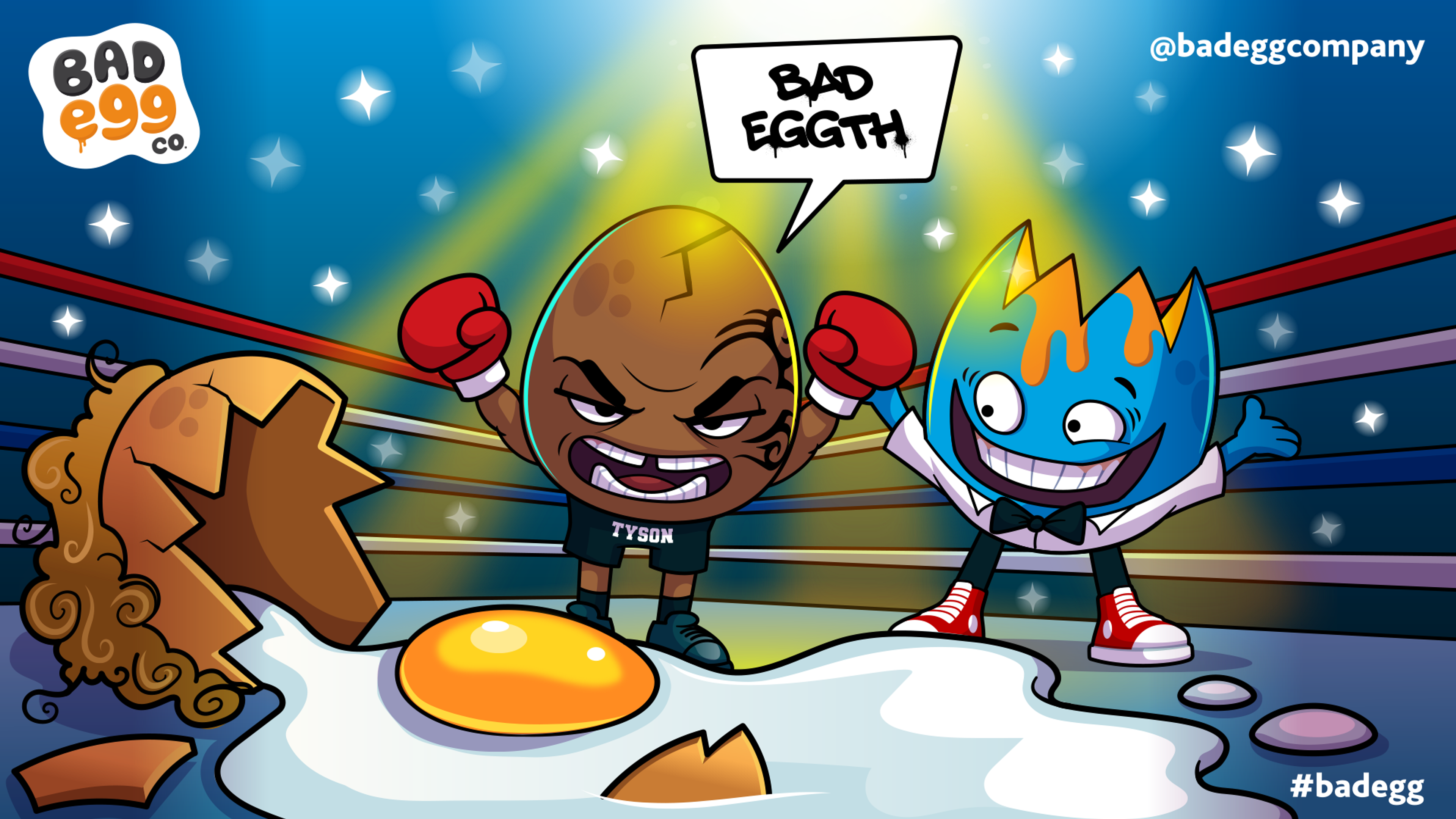 Two eggs with boxing gloves representing a fight night event.