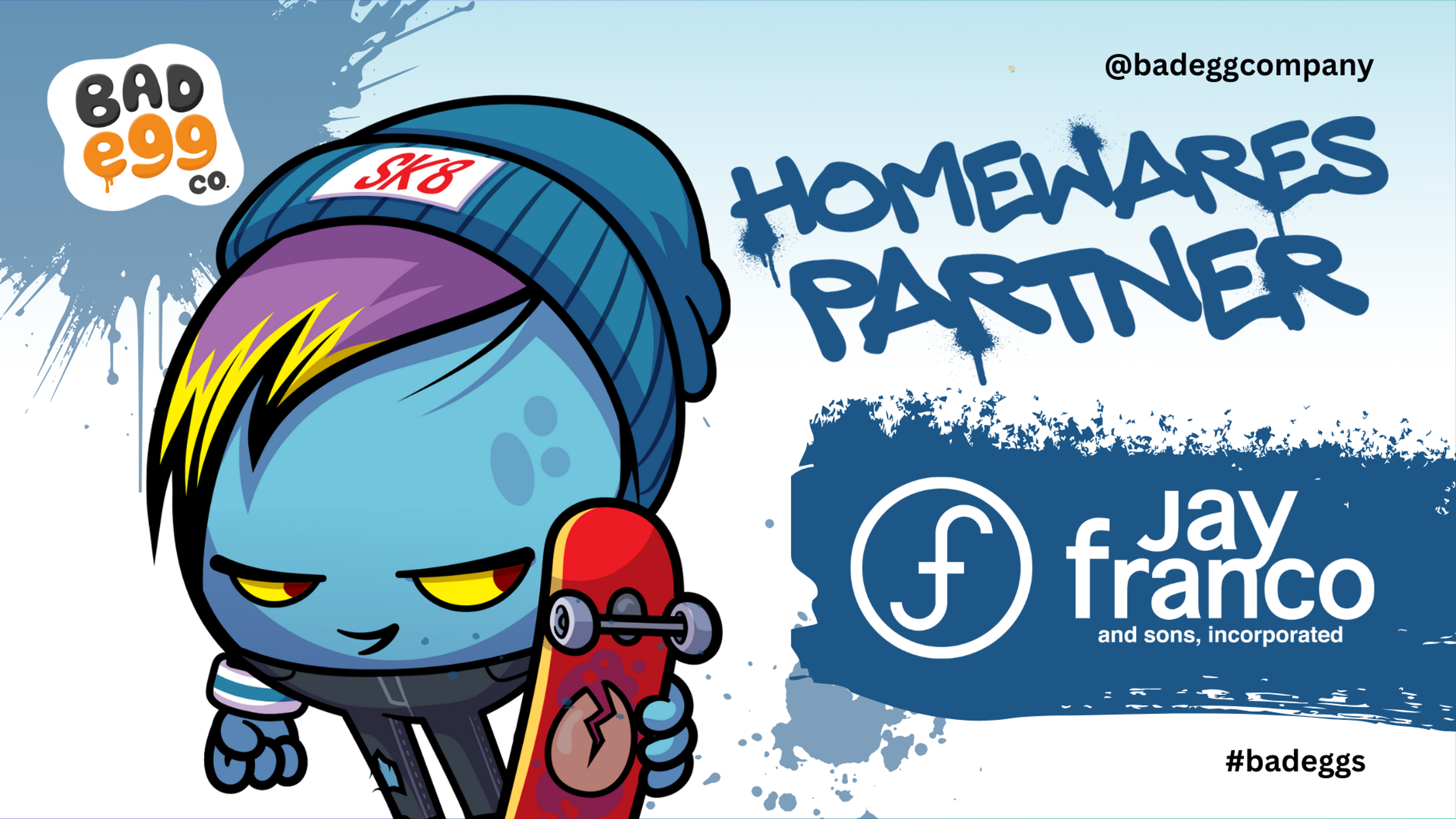 a cartoon character is holding a skateboard and says homewares partner