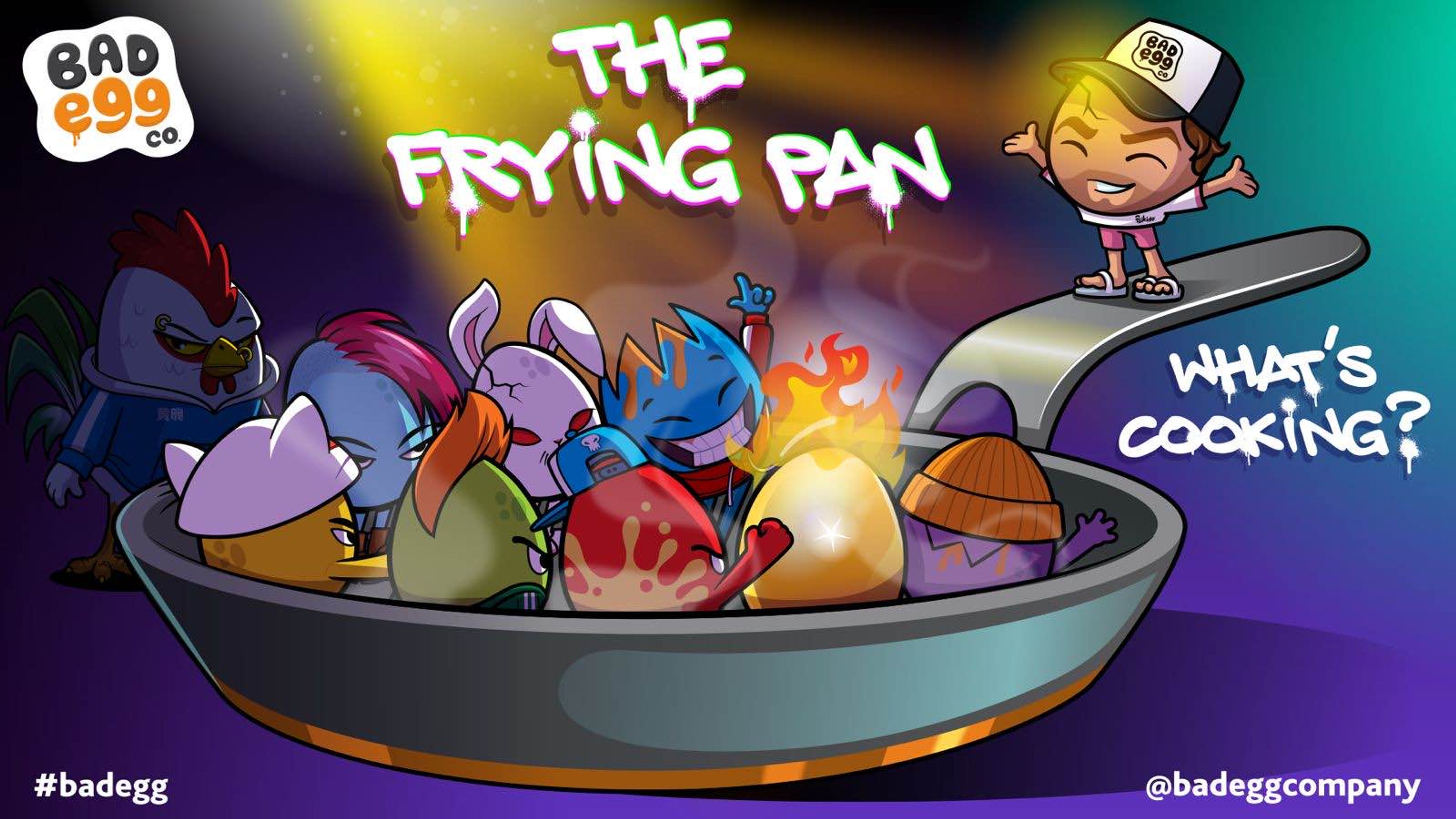 a cartoon of a boy standing on top of a frying pan filled with eggs .