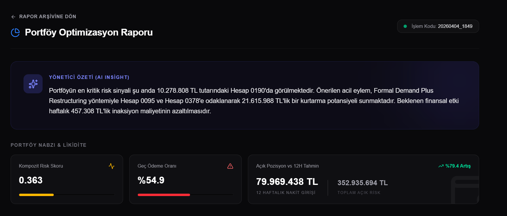 Portfolio optimization report showing an AI-generated executive summary and portfolio risk metrics in Turkish