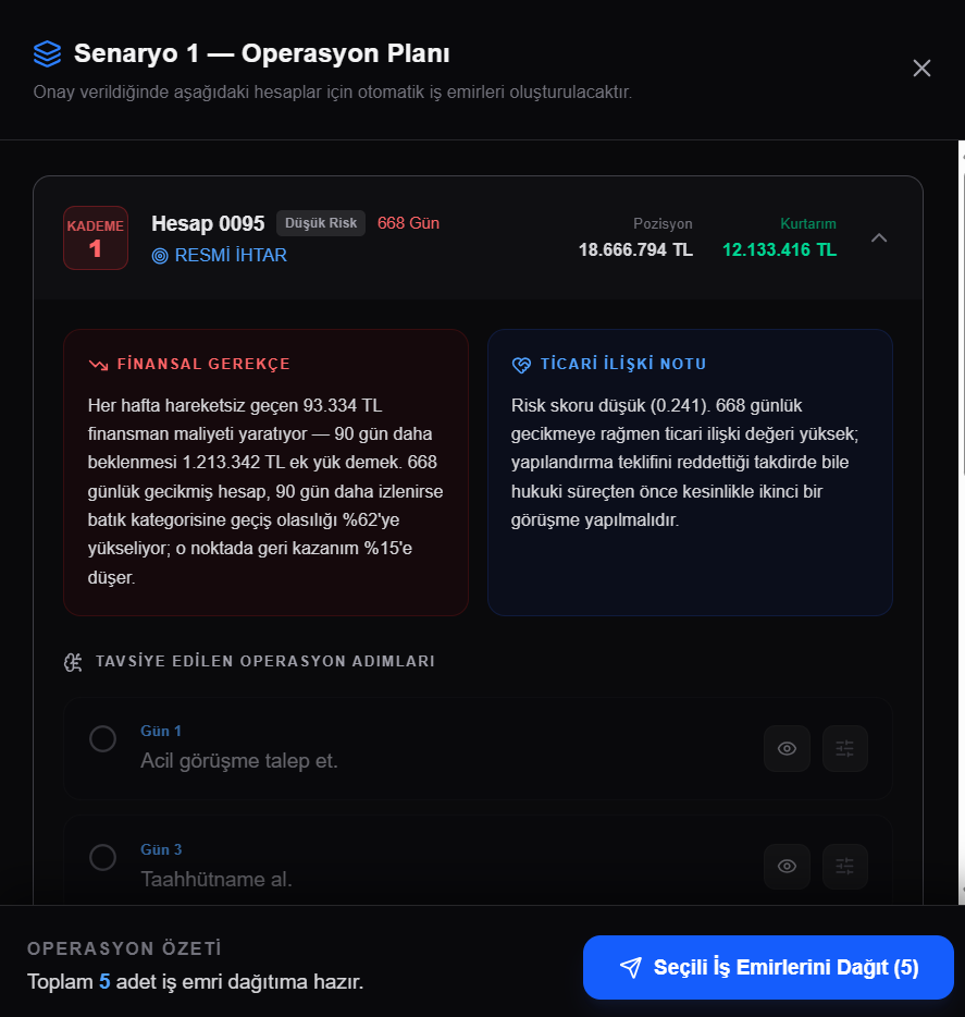 Account operation plan showing financial rationale, relationship notes, and recommended steps in Turkish