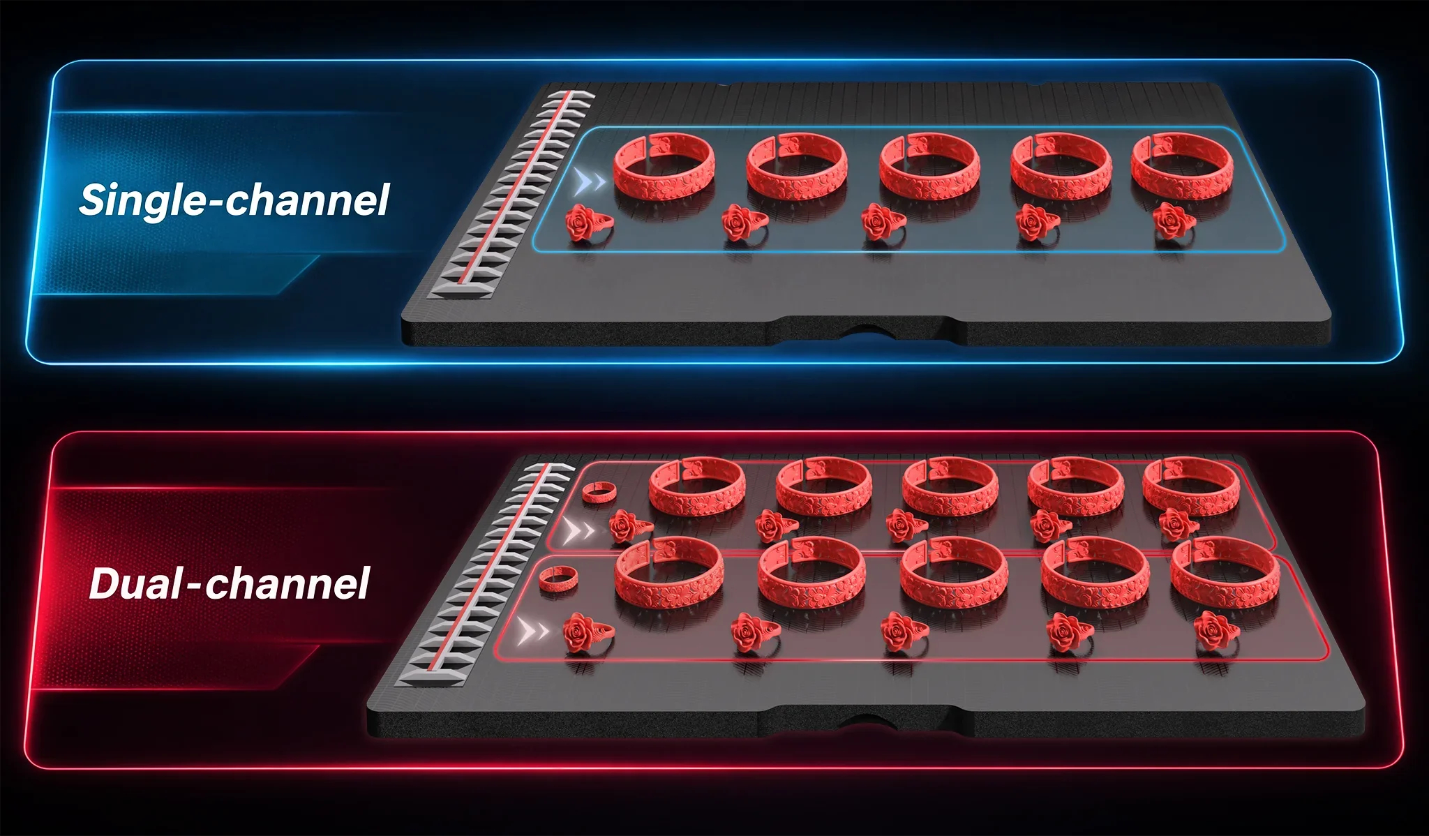 Stavěcí desky 3D tiskárny Flashforge WaxJet s vytištěnými voskovými modely prstenů — single-channel a dual-channel tisk