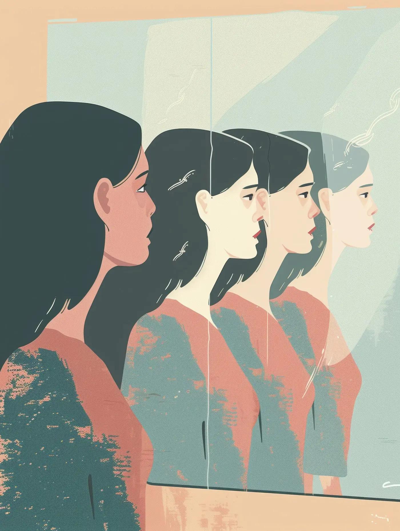 An illustration of a woman facing a mirror, with several progressively fainter reflections of herself.