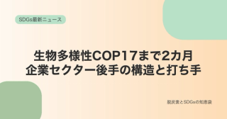 淡いベージュと緑の抽象図形を背景に「生物多様性COP17まで2カ月 企業セクター後手の構造と打ち手」と表示したSDGs最新ニュースのサムネイル