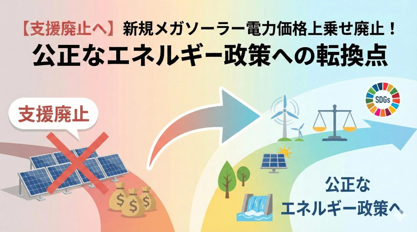 🚨【支援廃止へ】新規メガソーラーへの電力価格上乗せ廃止が決定!SDGsの達成に向けた公正なエネルギー政策を考える