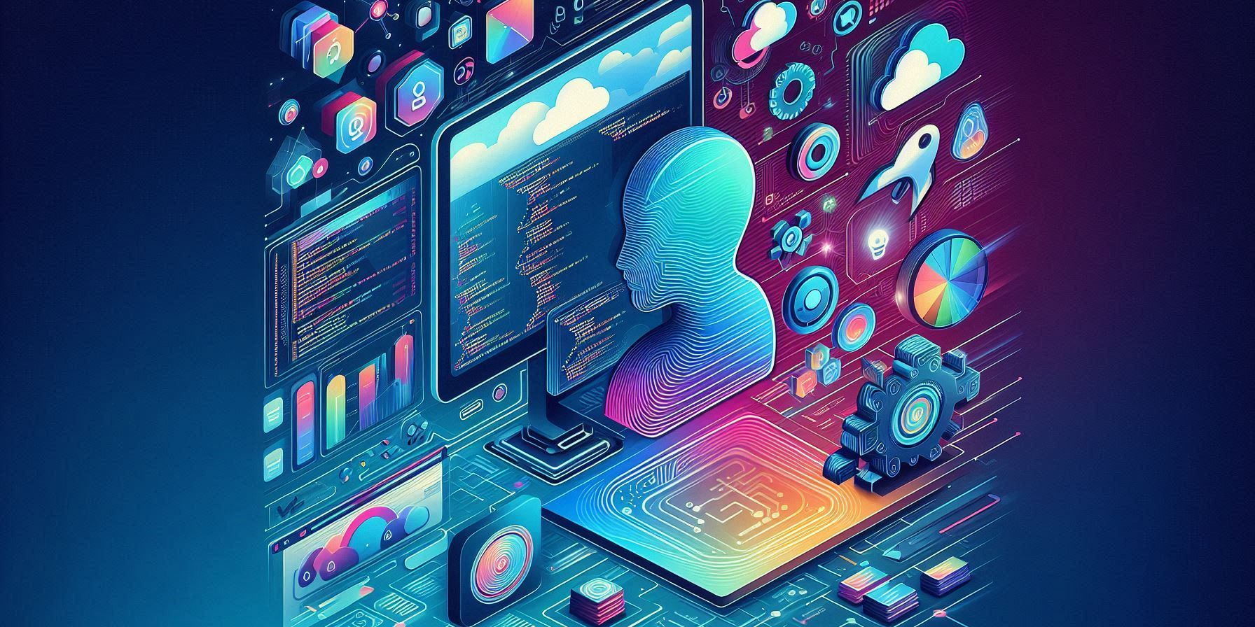 Futuristic cover image showing a blend of traditional coding with low-code and no-code platforms, including AI tools like GitHub Copilot and V0.ai, symbolizing the future of software development.