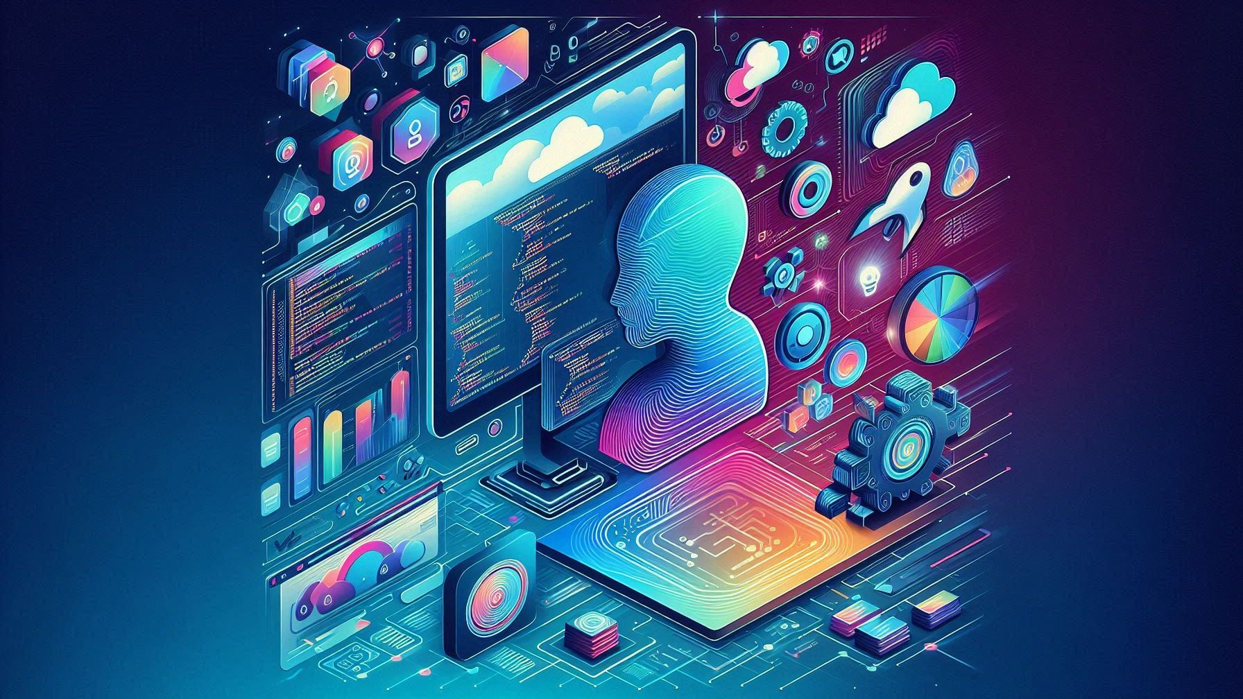 Futuristic cover image showing a blend of traditional coding with low-code and no-code platforms, including AI tools like GitHub Copilot and V0.ai, symbolizing the future of software development.