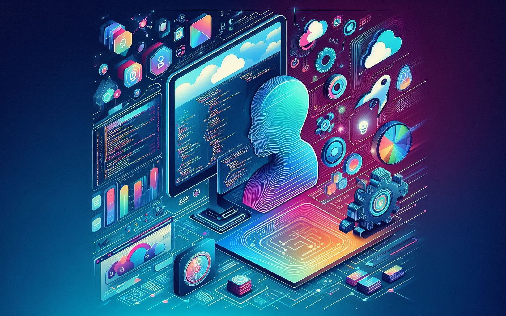 Futuristic cover image showing a blend of traditional coding with low-code and no-code platforms, including AI tools like GitHub Copilot and V0.ai, symbolizing the future of software development.