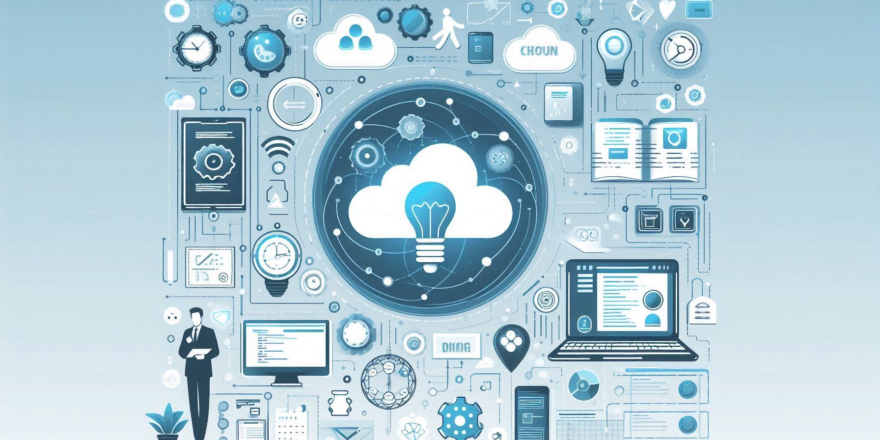 Cover image for a blog about SaaS Product Development, featuring cloud-based technology, software development symbols, and icons representing the stages of development including idea generation, design, coding, and launch, set against a modern, tech-focused background in shades of blue, white, and gray.