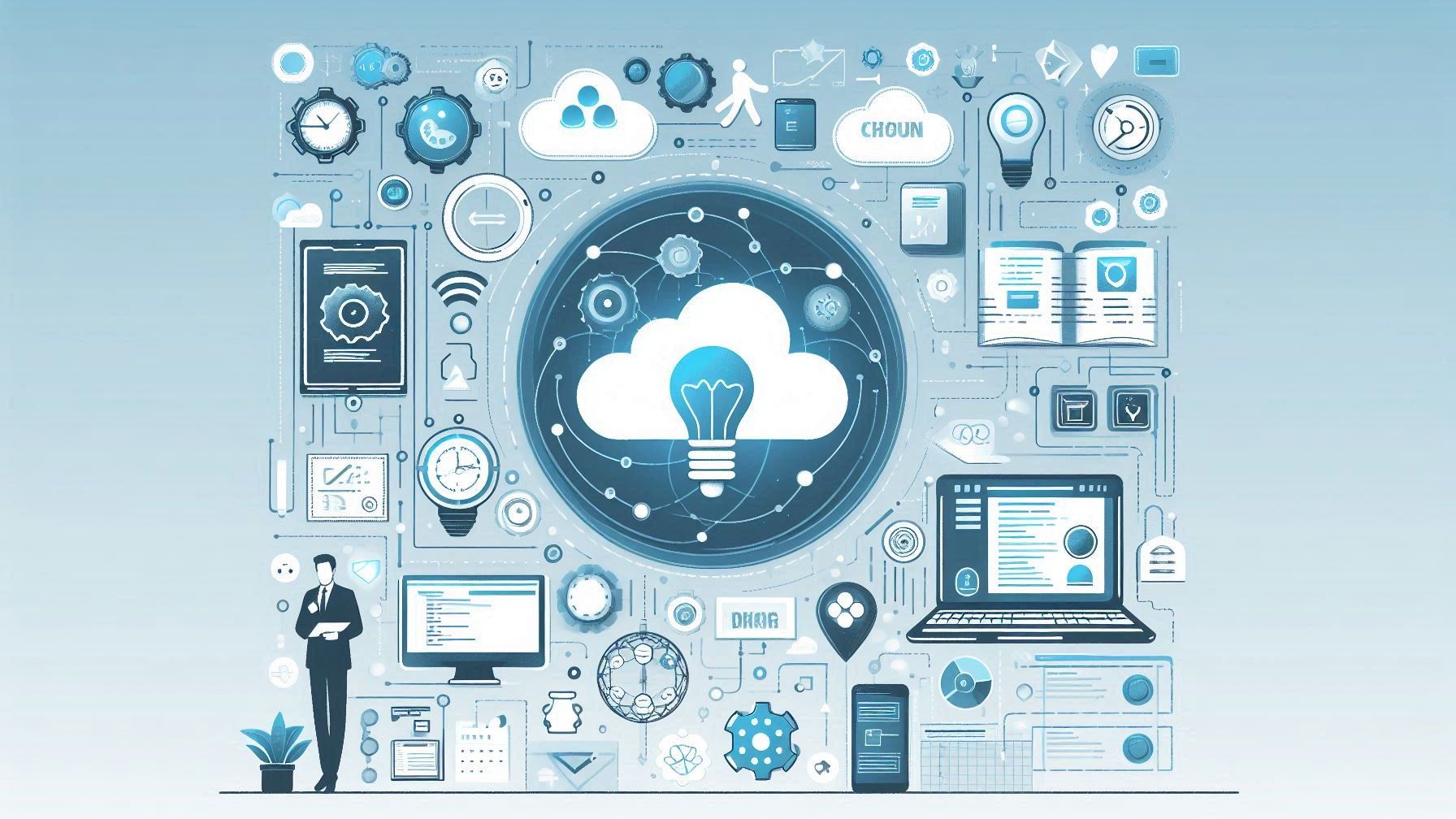 Cover image for a blog about SaaS Product Development, featuring cloud-based technology, software development symbols, and icons representing the stages of development including idea generation, design, coding, and launch, set against a modern, tech-focused background in shades of blue, white, and gray.