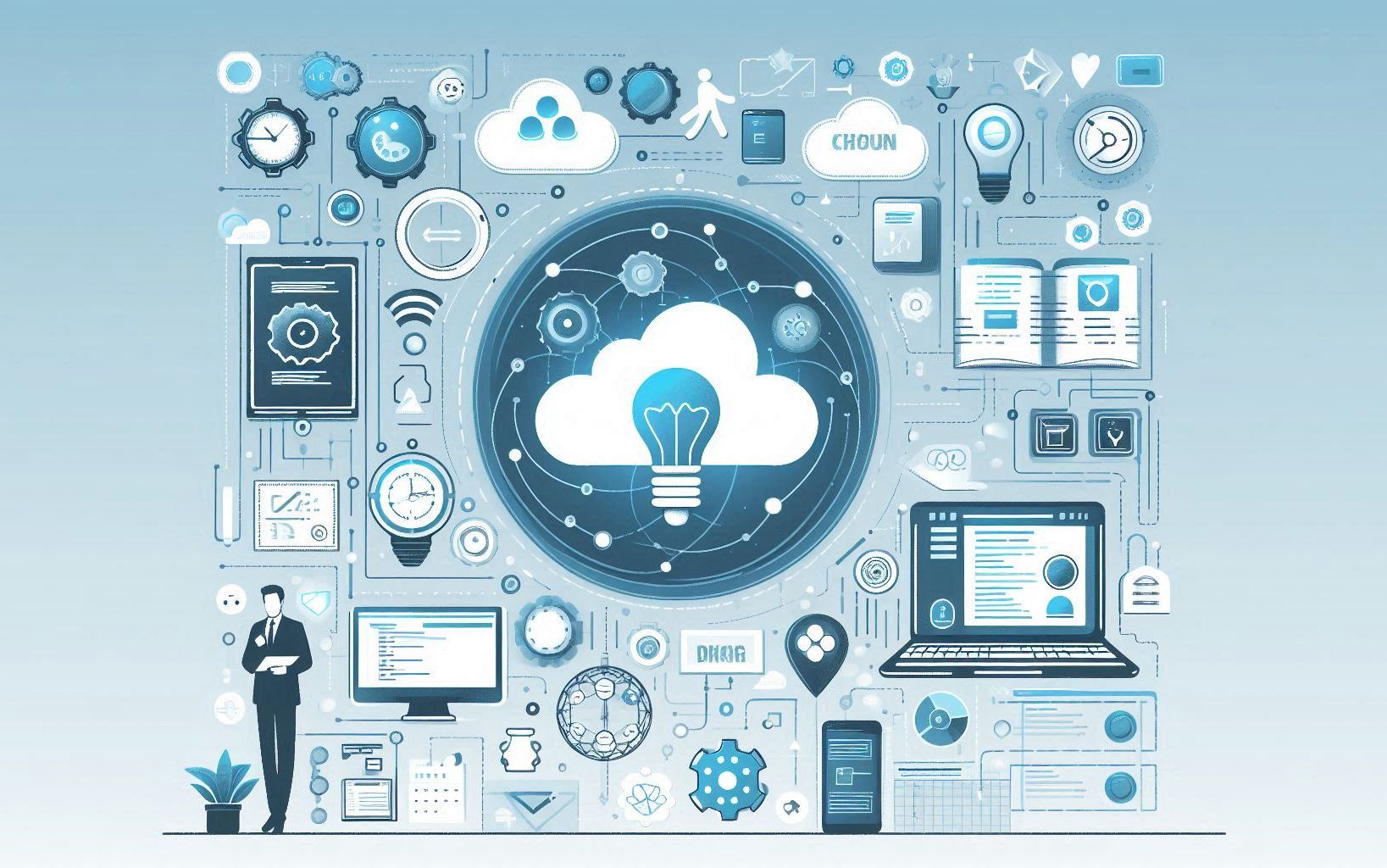 Cover image for a blog about SaaS Product Development, featuring cloud-based technology, software development symbols, and icons representing the stages of development including idea generation, design, coding, and launch, set against a modern, tech-focused background in shades of blue, white, and gray.