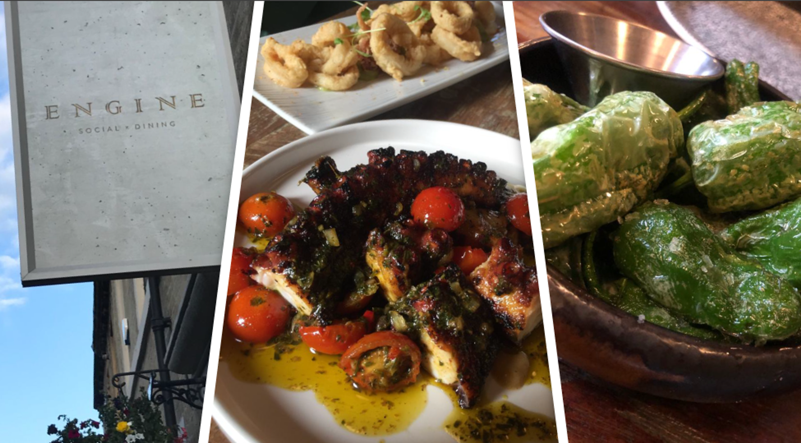 Montage of photos including Engine Room signage, plate of octopus and padron peppers