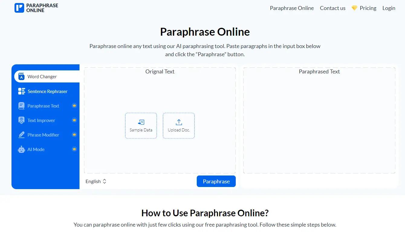 Paraphrase OnlineWebsite Screenshot