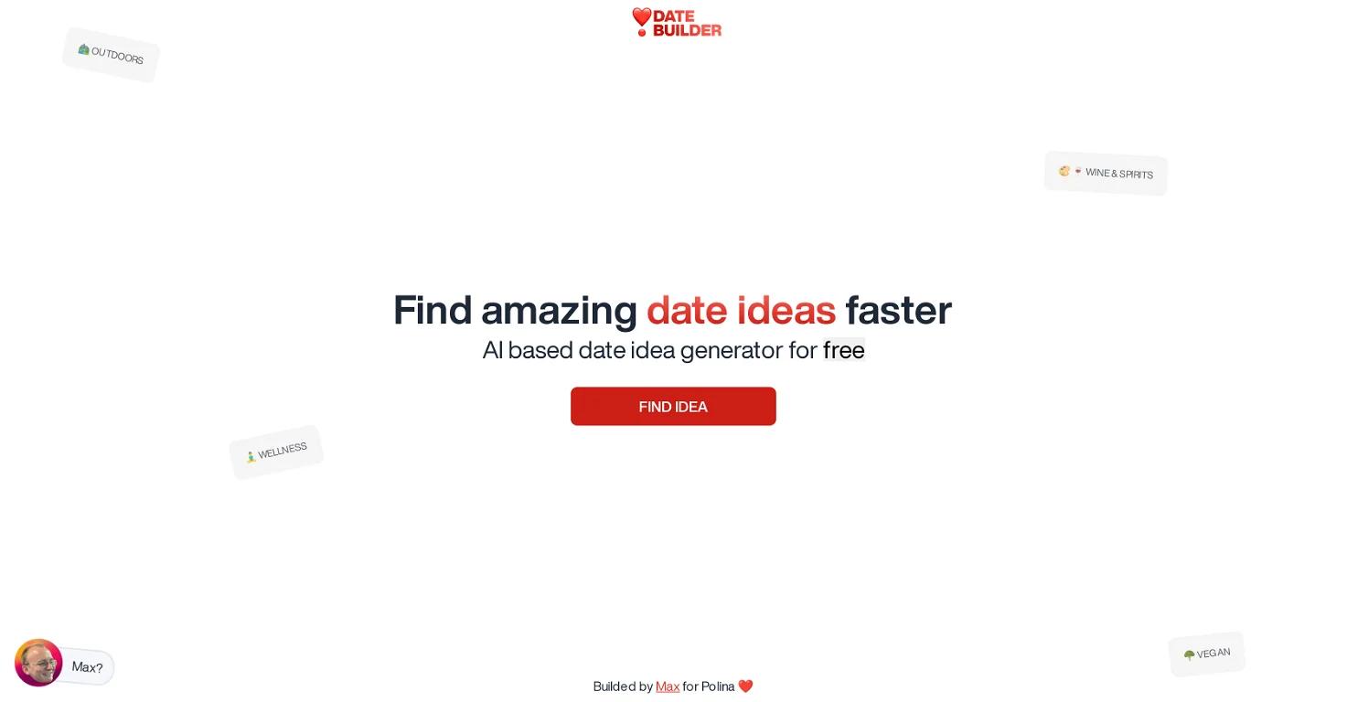 AI based date idea generatorWebsite Screenshot