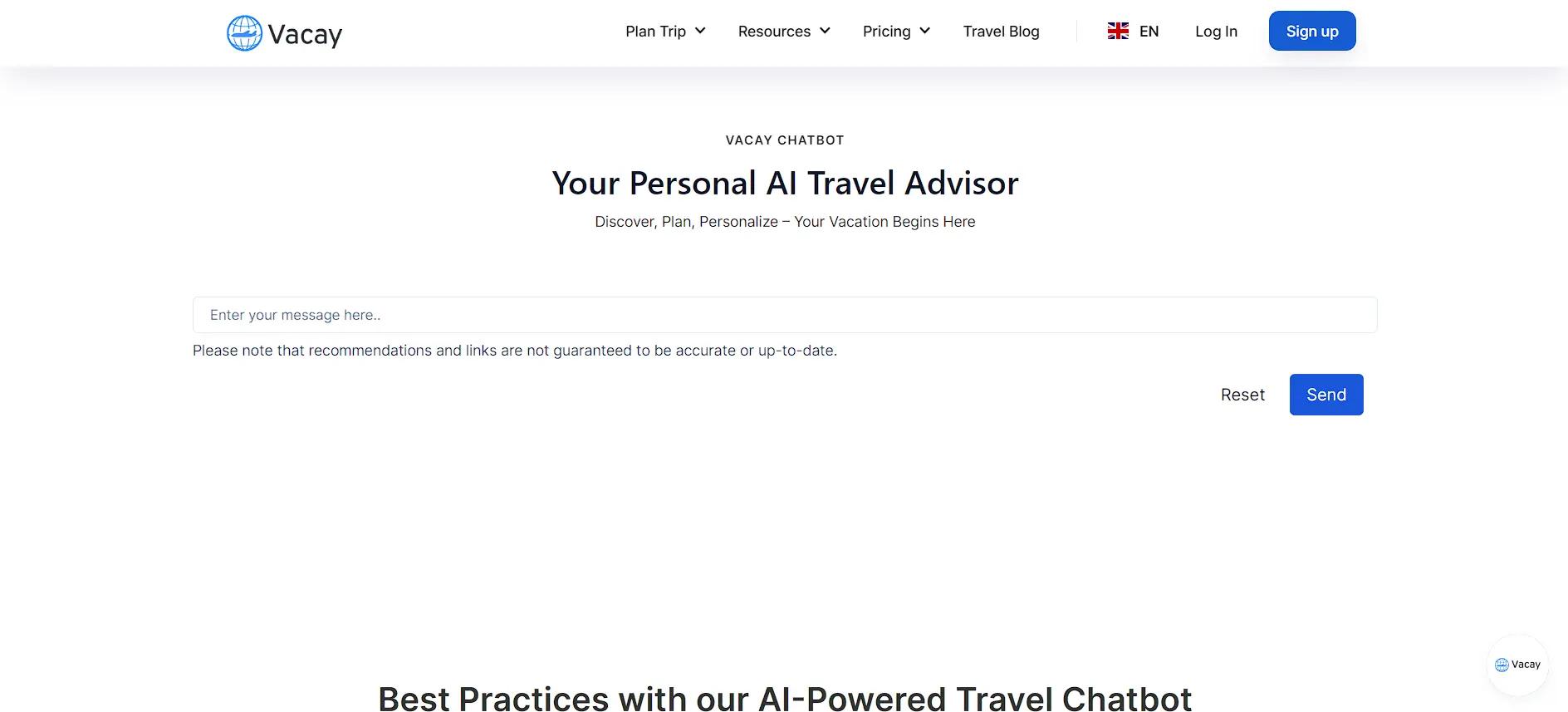 Vacay Chatbot Website