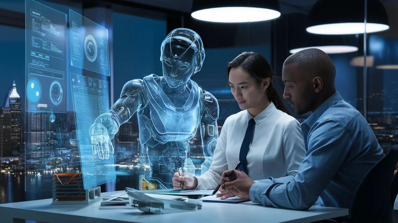 A futuristic scene depicting a sleek office environment where an AI business analyst is working