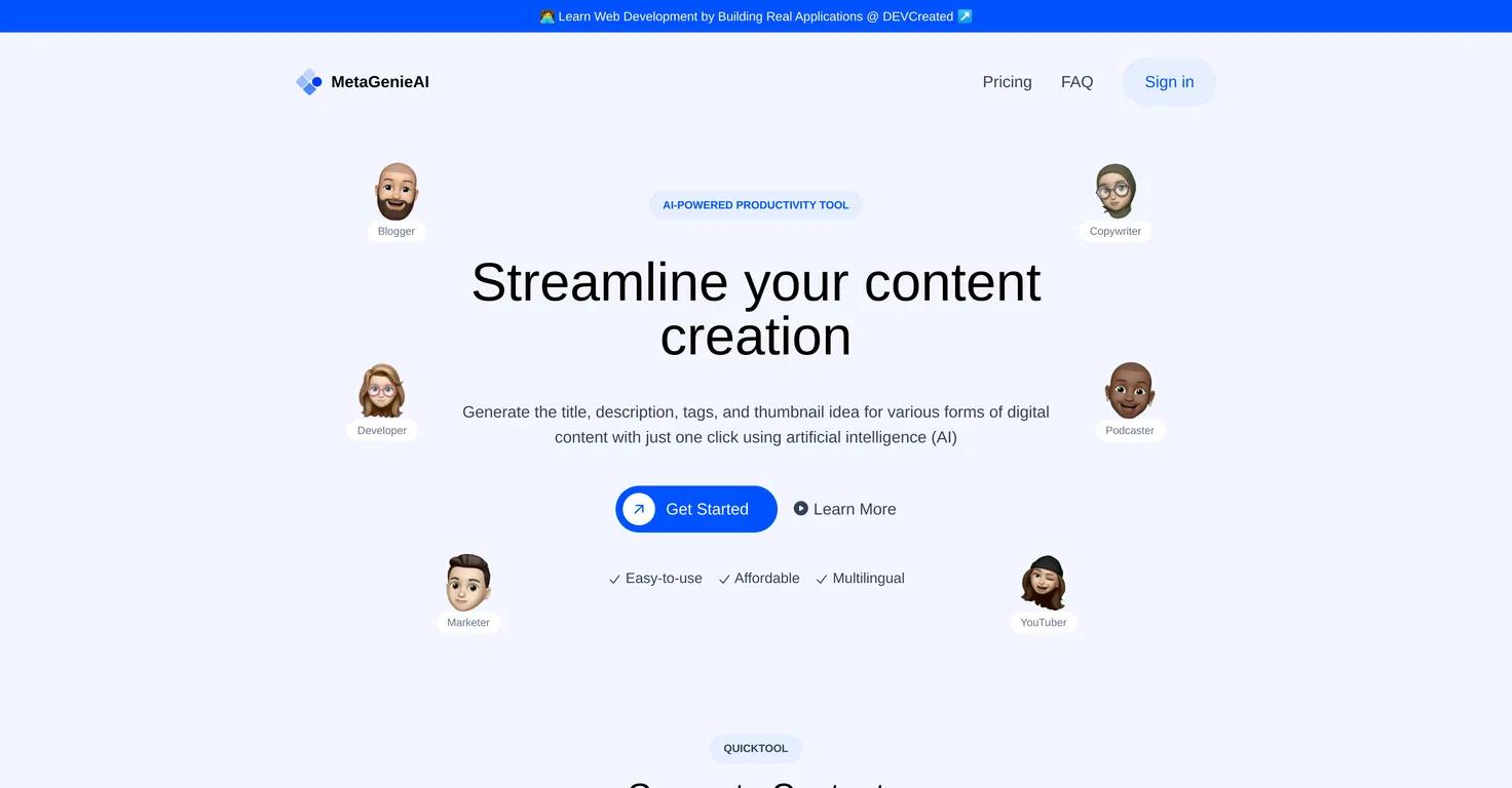 MetaGenieAIWebsite Screenshot