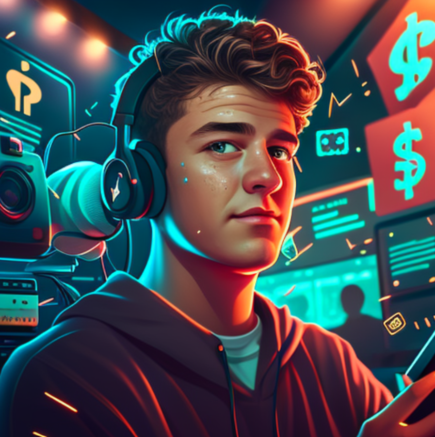 YouTube creators harness AI algorithms to boost earnings: a young content creator analyzes data on a computer, surrounded by AI models.