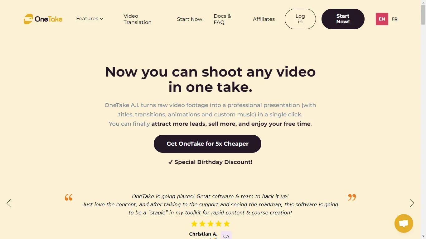 OneTakeWebsite Screenshot