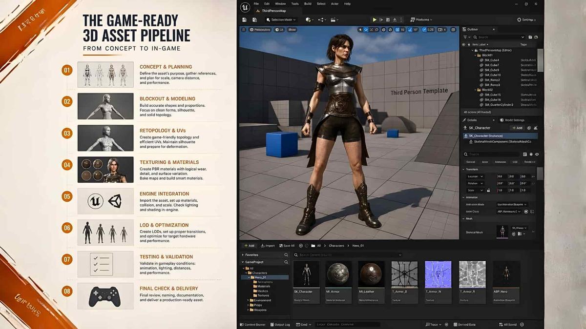Game-ready 3D asset pipeline from concept and modeling to Unreal Engine validation and optimization
