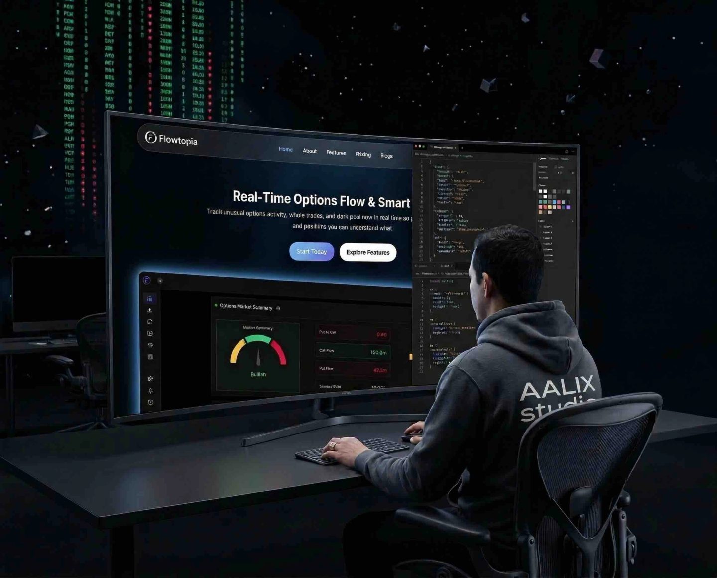 Flowtopia Webflow redesign interface showing real-time options flow and smart money insights on a modern trading dashboard