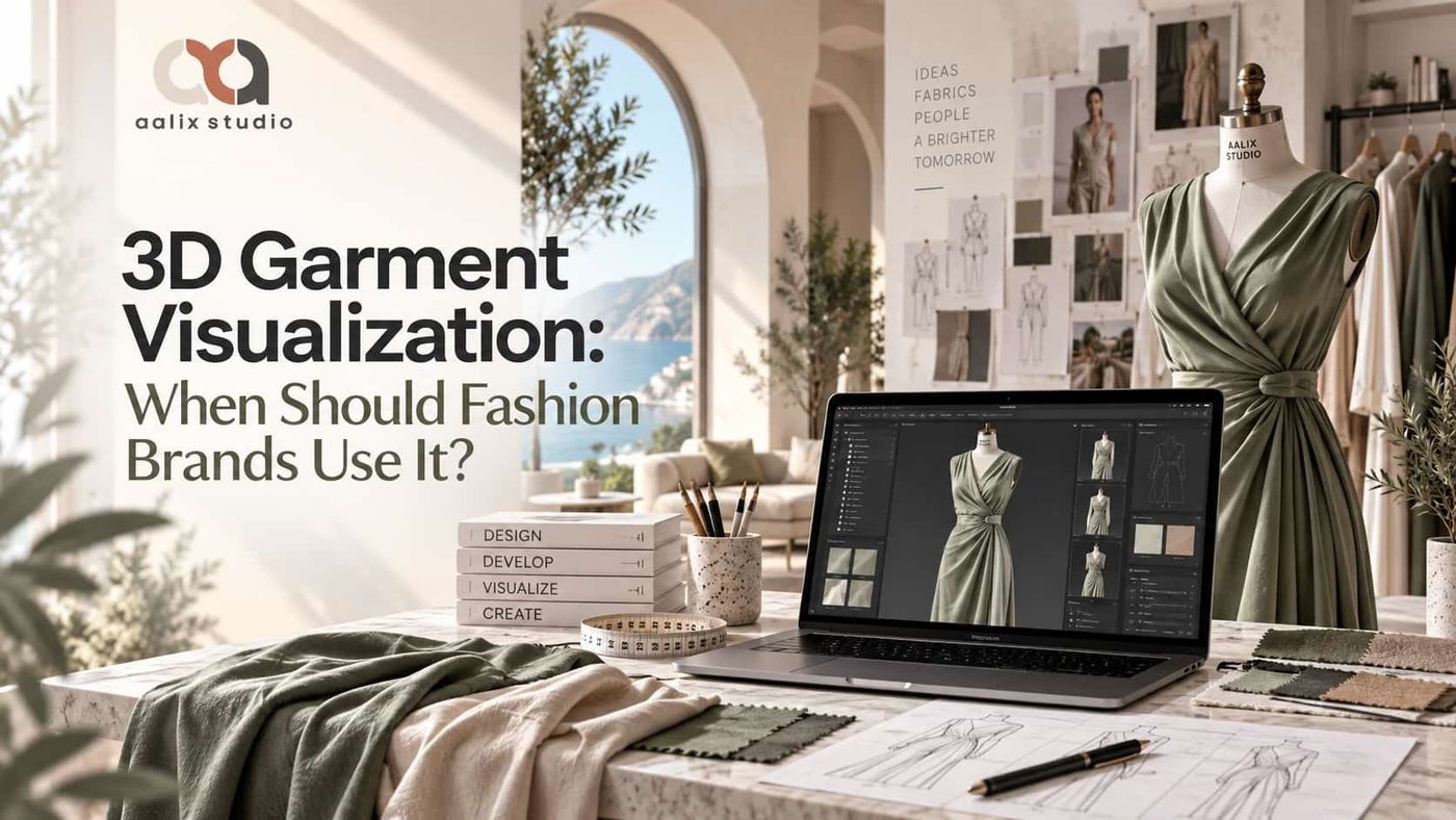 3D garment visualization for fashion design showing a digital dress model, fabric samples, sketches, and a physical garment