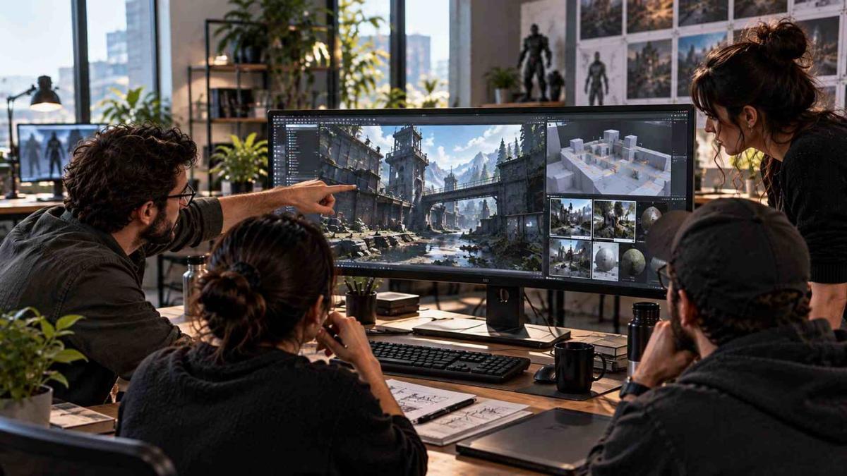 Game art team reviewing an environment concept and level blockout during production