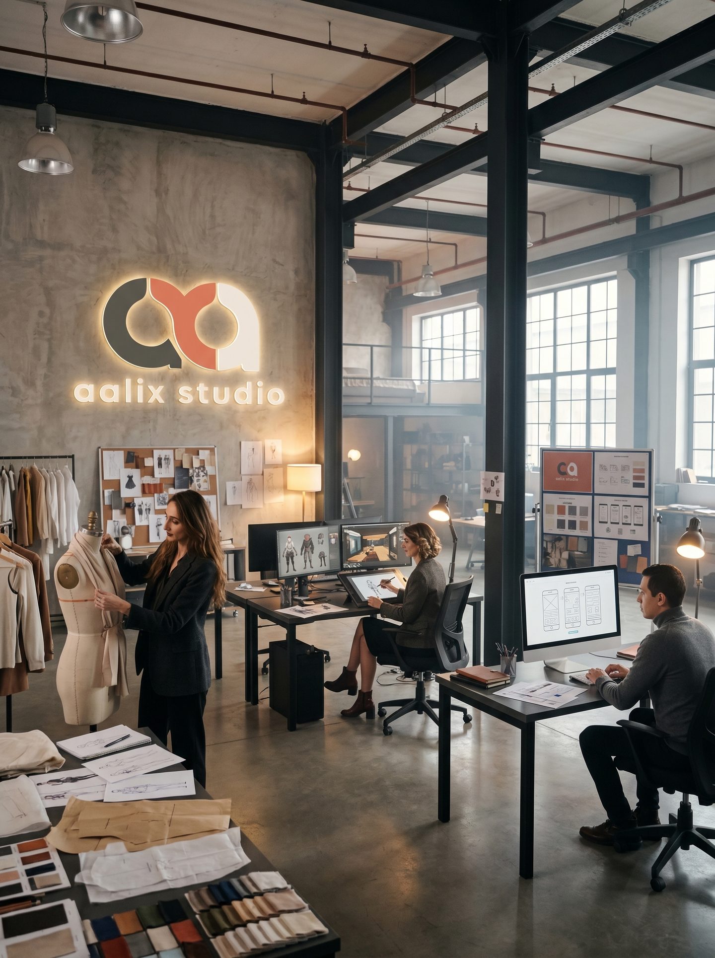Aalix Studio team collaborating in a creative workspace with fashion references, design boards, and digital screens.